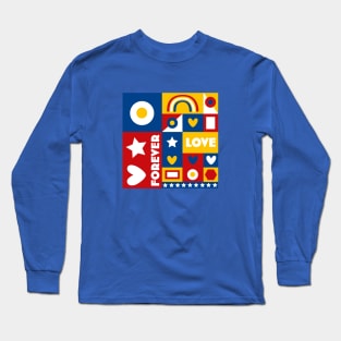 80s inspired Forever Love Pop Art Design - Red, Yellow, Blue and White by Rene Dauphine Long Sleeve T-Shirt